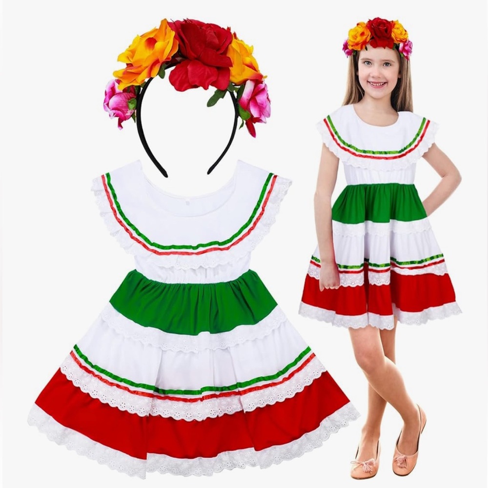 NWT Girls Traditional, Colorful Ruffled Dress Size M with Floral Headband OSFA